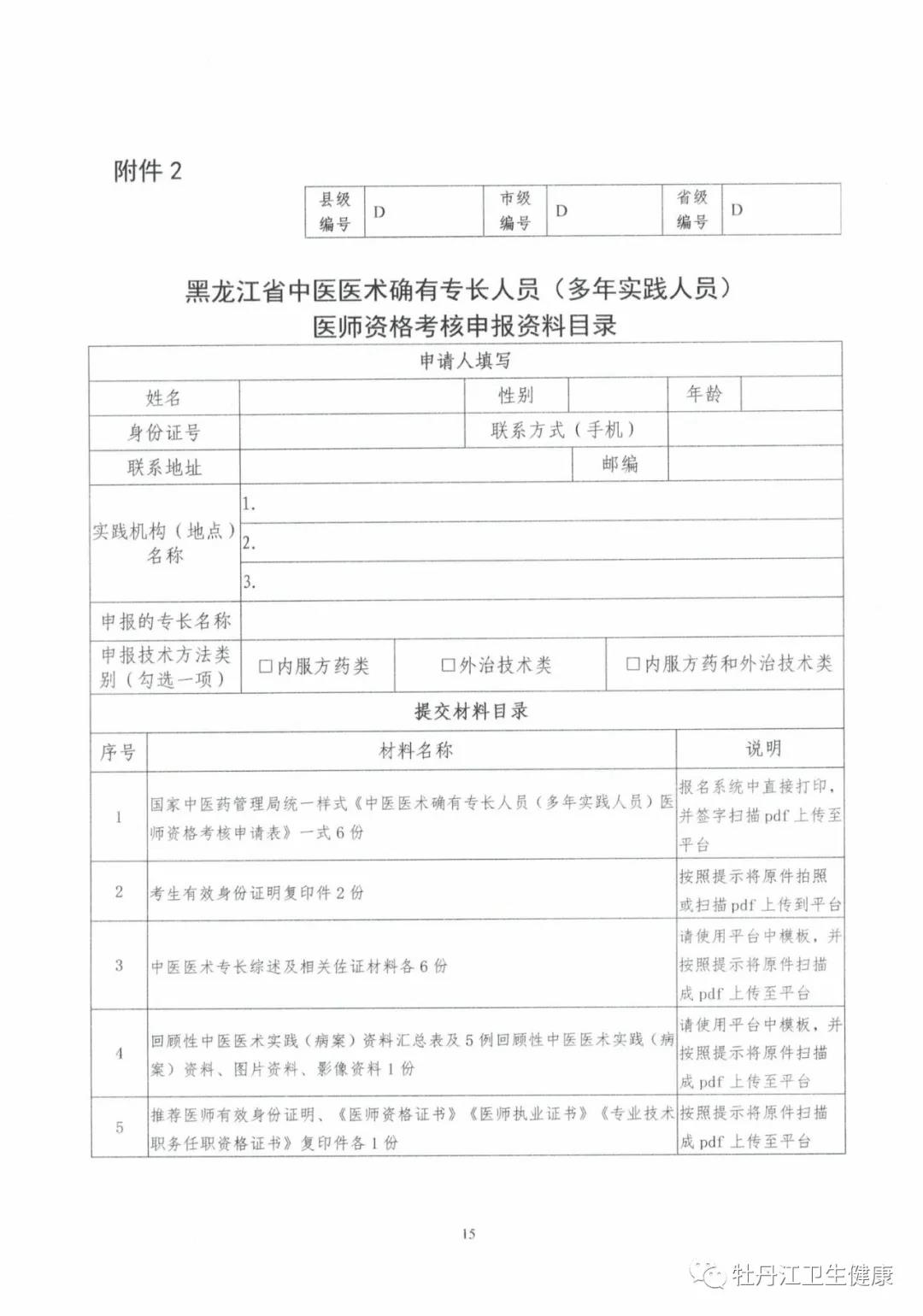 黑龍江省中醫(yī)醫(yī)術(shù)確有專長(zhǎng)人員(多年實(shí)踐人員)醫(yī)師資格考核申報(bào)資料目錄 黑龍江省中醫(yī)醫(yī)術(shù)確有專長(zhǎng)人員(多年實(shí)踐人員)醫(yī)師資格考核申報(bào)資料目錄